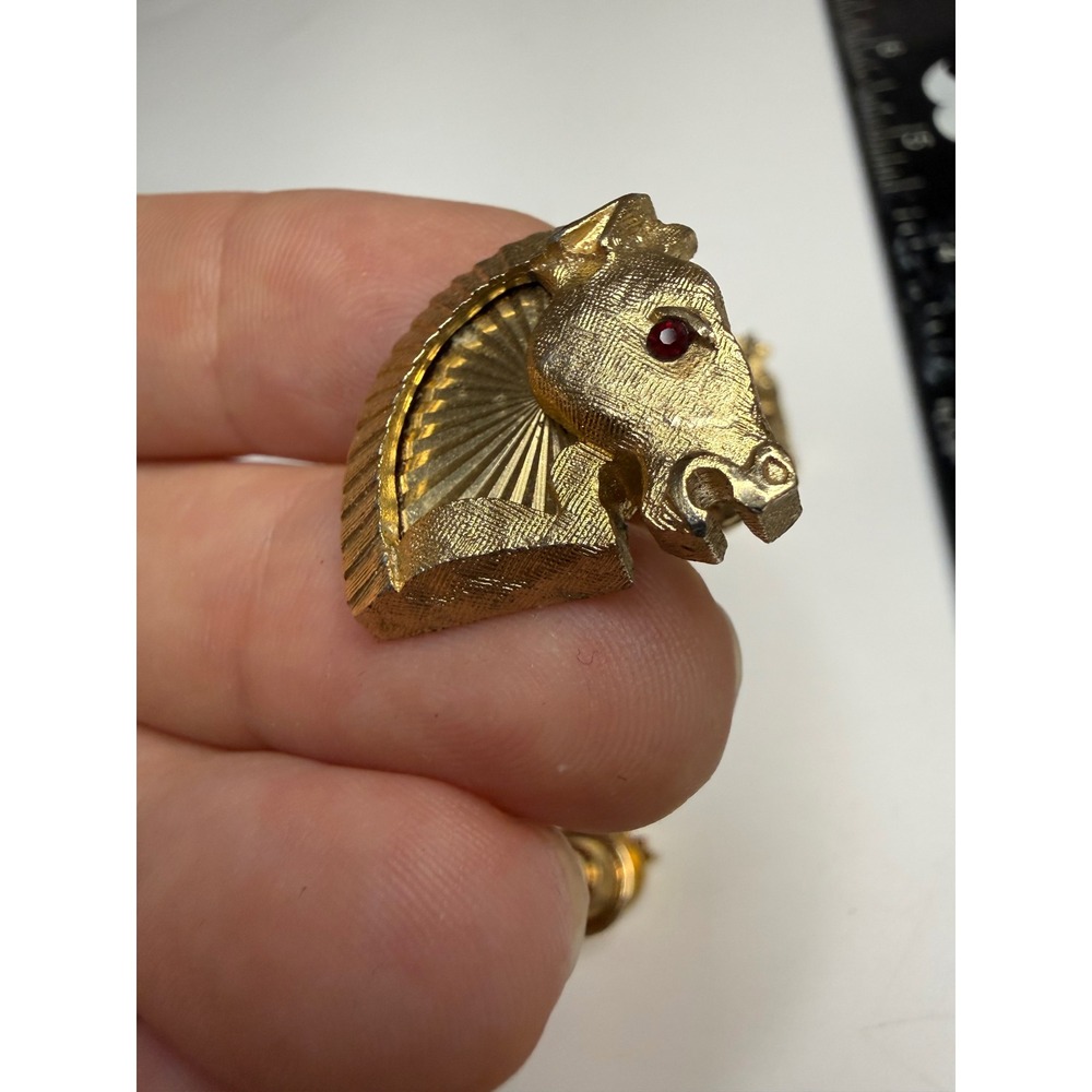 Swank Mens Gold Tone Horse Head Cufflinks and Tie Tack Set Red Eyes Equestrian